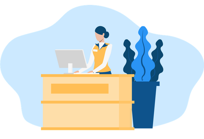 Free Rezeptionistin arbeitet an ihrem Schreibtisch mit Laptop  Illustration