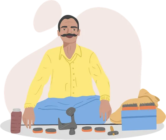 Free Homem Indiano De Bigode Fazendo Trabalho De Sapateiro Com Ferramentas Ilustração