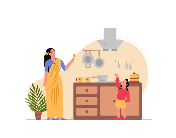 Free Señora cocinando comida con su hijo  Ilustración