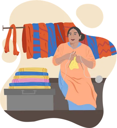 Free Indian Lady Making A Shawl Or Winter Clothes For Selling Illustration