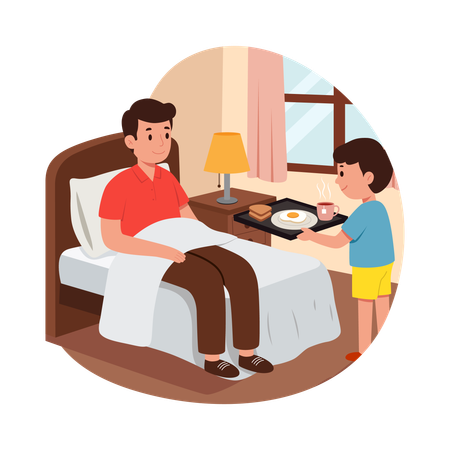 Free Son Serving Breakfast to father in Bed  Illustration