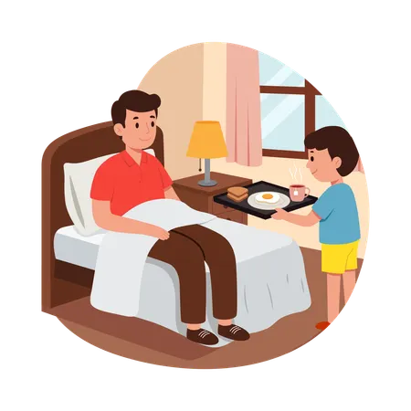 Free Son Serving Breakfast to father in Bed  Illustration