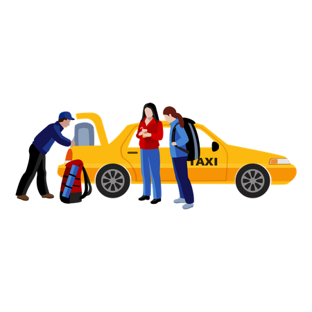 Free Taxifahrer legt Gepäck seiner Passagiere in den Kofferraum des Taxis  Illustration