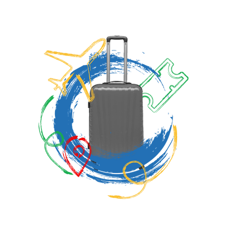 Free Travelling concept with luggage, flight ticket and holiday location  Illustration