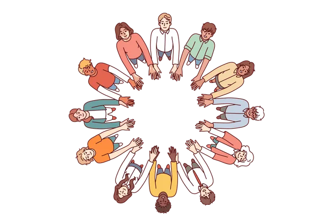 Free Friendly People Stand In Circle Hold Hands For Collaboration And Teamwork Top View University Students Of Different Gender And Race Get Education Together While Studying In College Illustration