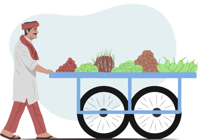 Free Agricultor Indiano Vendendo Legumes Em Loja De Bicicletas Na Area Da Cidade Ilustração