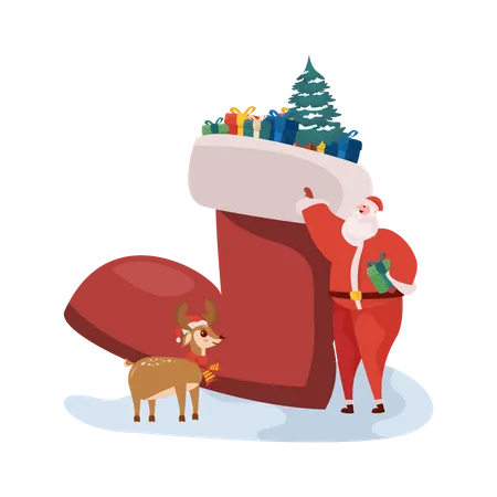 Free Feiern Sie Die Weihnachtszeit Mit Den Weihnachtsschuhen Des Weihnachtsmanns Und Einem Geschenk Fur Das Weihnachtsgrusskonzept Illustration