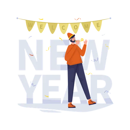 Free A Man Blows A Small Whistle Welcoming New Year Celebrations Illustration Illustration