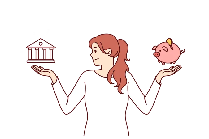 Free Woman Chooses Between Bank Deposit And Saving Money In Piggy Bank While Planning Budget Financially Literate Girl Makes Difficult Decision Choosing Place To Save Money Or Invest Capital Illustration