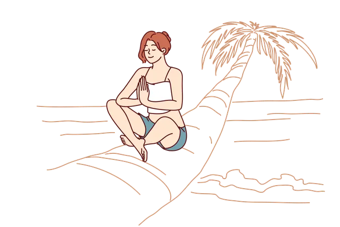 Free Woman Doing Yoga Sitting On Palm Tree In Lotus Position Enjoying Summer Travel And Meditating On Beach Girl Relaxing On Beach With Sea Is Fond Of Yoga And Sunbathing During Trip To Island In Ocean Illustration