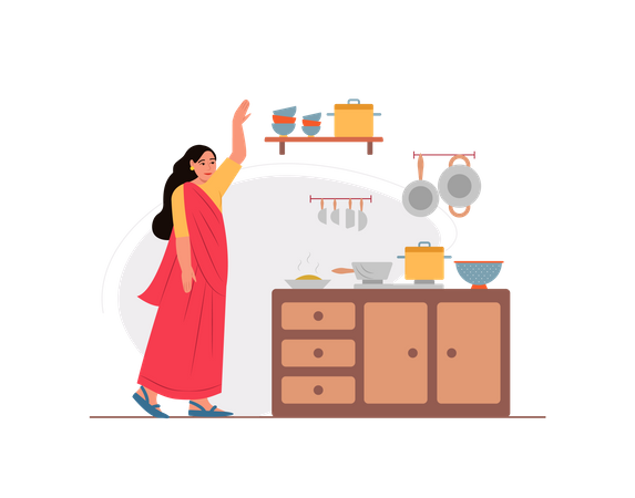Free Woman picking out bowl in the kitchen Illustration