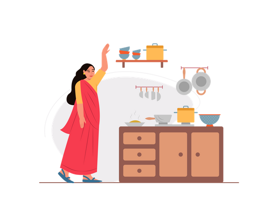 Free Woman picking out bowl in the kitchen  Illustration