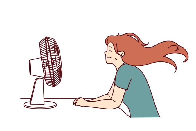 Free Woman sits in front of table fan  イラスト