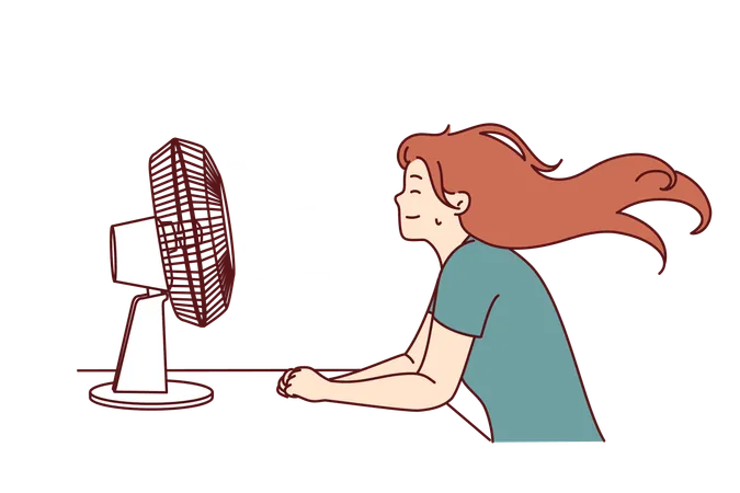 Free Woman Sitting In Front Of Fan Enjoying Cold Wind After Walking In Hot Summer Weather Or Doing Housework Sweaty Girl Cools Herself Using Electric Fan Due To Sudden Warming And Climate Change イラスト
