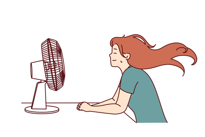 Free Woman sits in front of table fan  Illustration