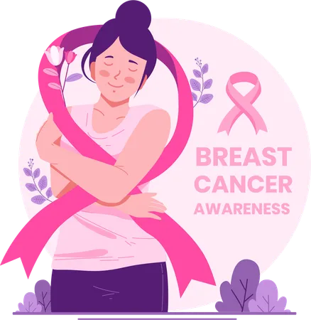 Free Woman With Pink Ribbon Support for Woman With Breast Cancer  Illustration