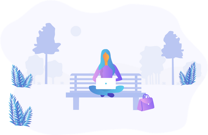 Free Woman working while seating on park bench Illustration