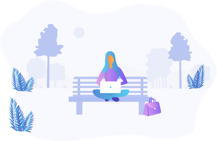 Free Woman working while seating on park bench  Illustration