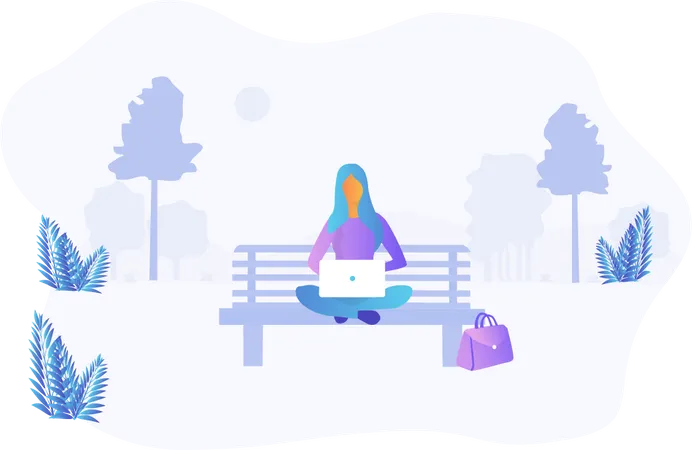 Free Woman working while seating on park bench  Illustration