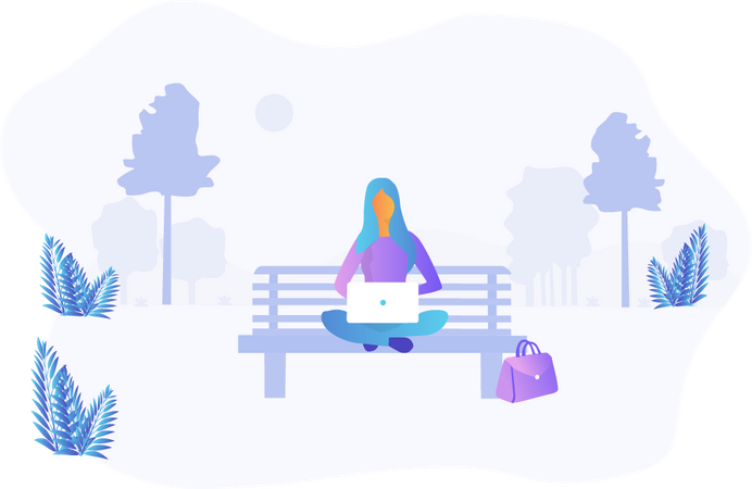 Free Woman working while seating on park bench  Illustration