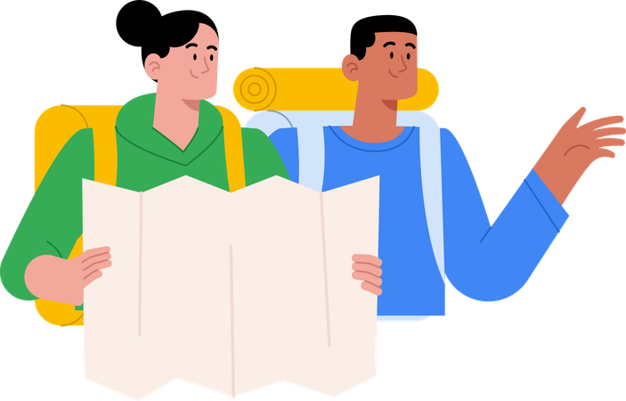 Free Young couple looking map for hiking mountain  Illustration