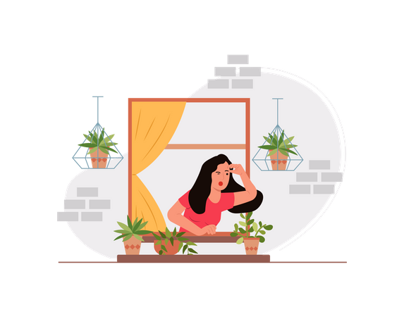 Free Young woman looking out of window  Illustration