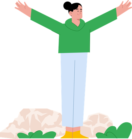 Free Young woman standing enjoying hiking  Illustration