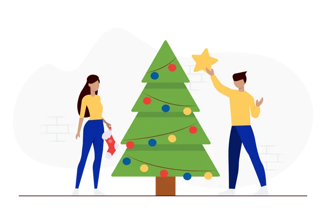 Friends decorating christmas tree Illustration