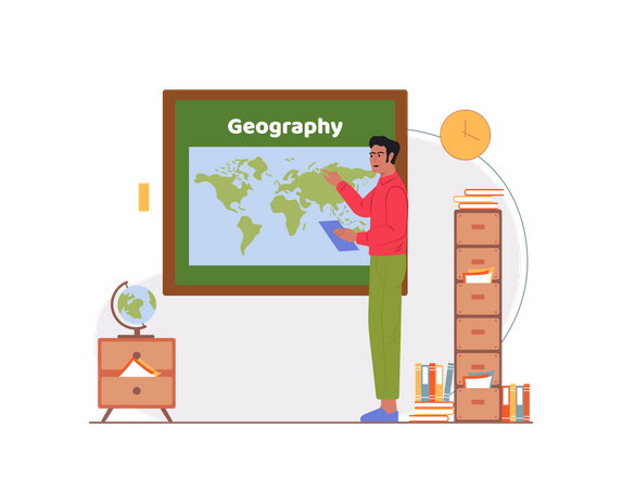 Geography teacher teaching while pointing towards earth map Illustration