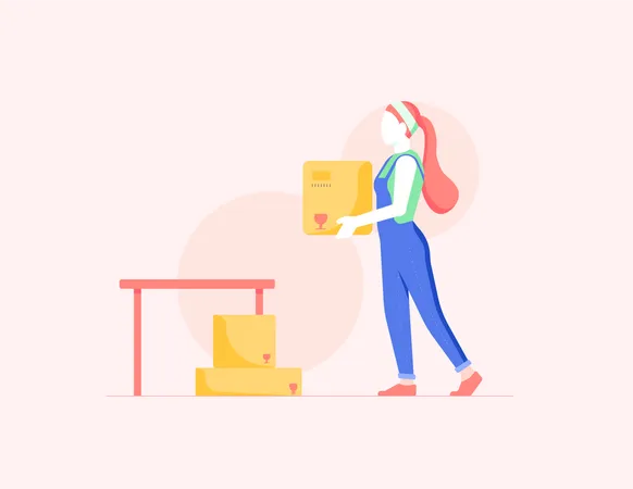 Girl Moving Boxes Illustration