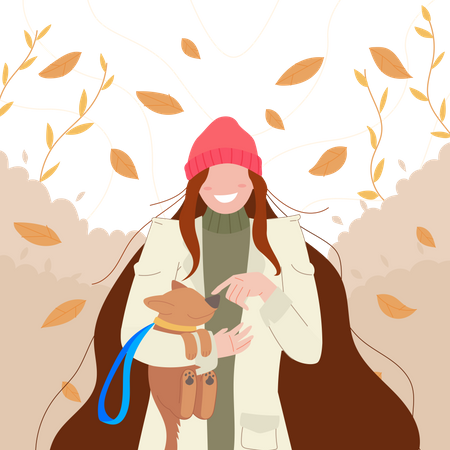 Girl walk in autumn with her dog Illustration