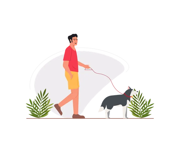 Guy walking with dog in the park Illustration