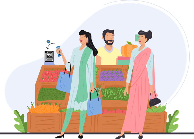 Indian girl paying vegetable bill through phone Illustration