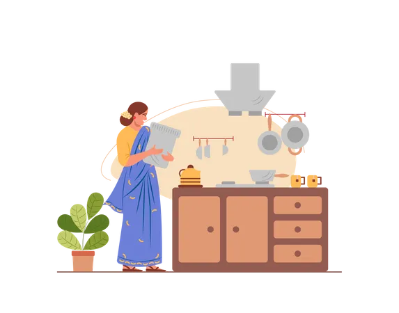 Indian housewife working in the kitchen Illustration