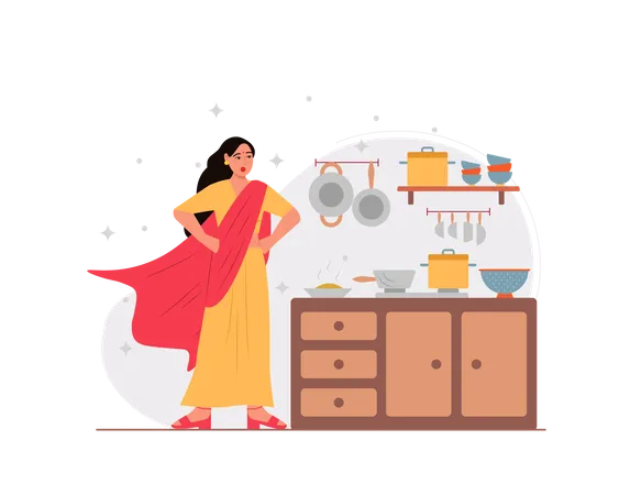 Indian housewife working like super woman Illustration