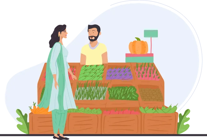Indian lady checking out vegetables Illustration