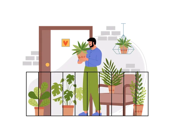 Indian man holding plant at the balcony of his house Illustration