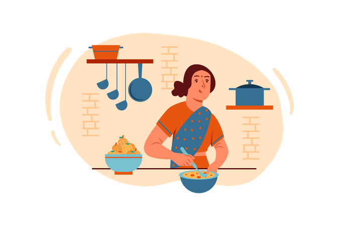 Indian mother making sweets Illustration