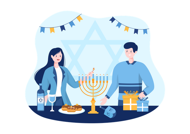 Jewish couple lighting hanukkah candle Illustration