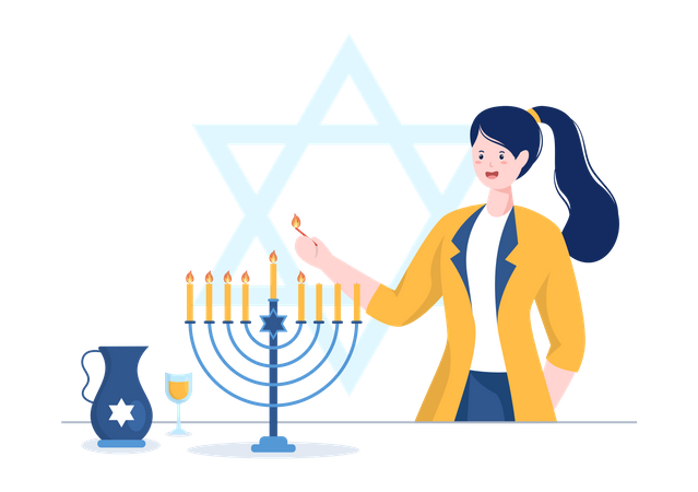 Jewish girl lighting hanukkah candle Illustration
