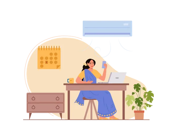 Lady holding mobile and attending video meeting while working on laptop Illustration