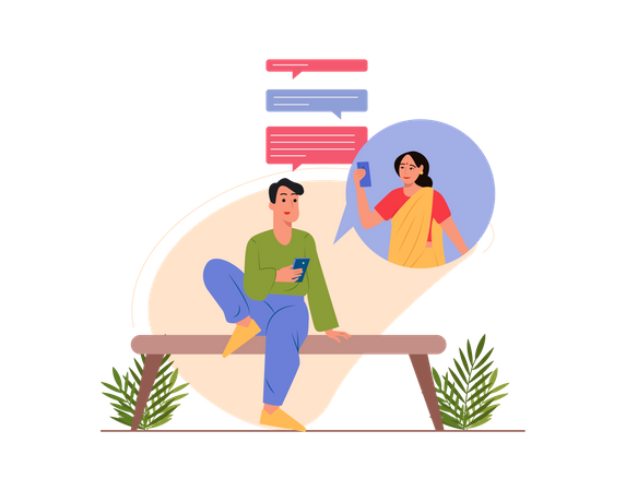 Male and female chatting with each other through mobile Illustration