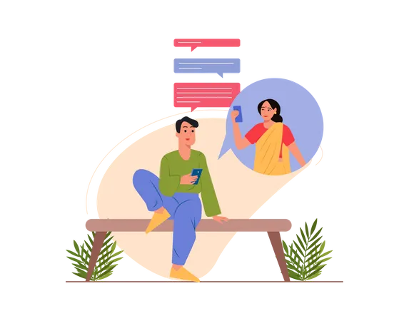Male and female chatting with each other through mobile Illustration