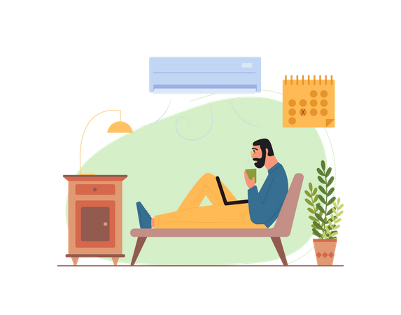 Man working on laptop while seating on sofa Illustration