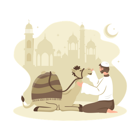 Muslim man sitting with camel Illustration