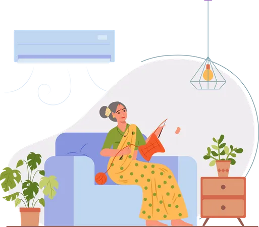 Old lady knitting sweater in home Illustration
