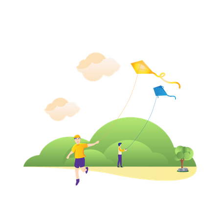 Playing kites in the park Illustration