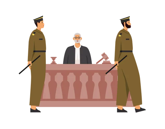 Police and judge in courtroom Illustration