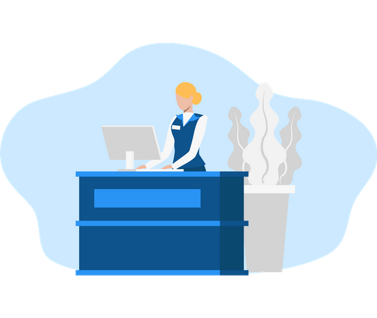Receptionist working on her desk with laptop Illustration