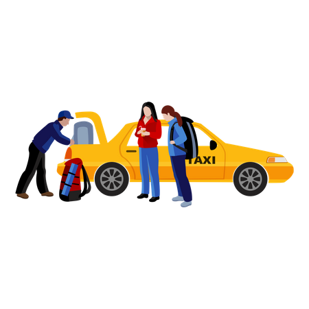 Taxi driver putting passenger Luggage in taxi trunk Illustration